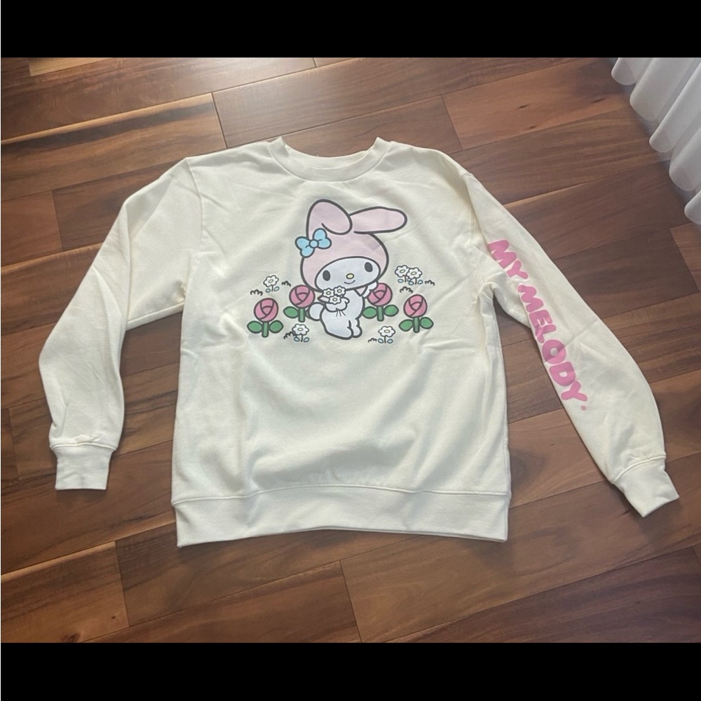 My Melody Sanrio Crewneck Pullover Sweater Beige Flowers Sleeve Size S Small